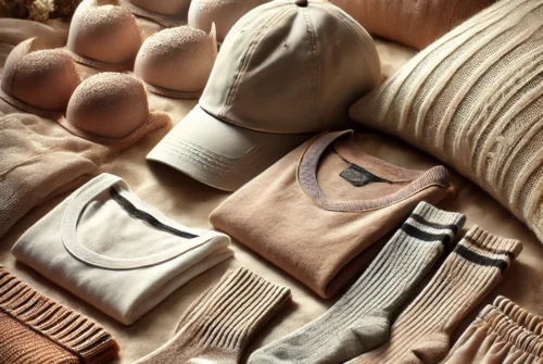 DALL·E 2025-02-17 15.47.35 - A realistic image of clothing items, including socks, a cap, underwear, and leisure wear, neatly arranged on a soft, cozy background. The fabrics appe